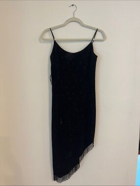 Black Asymmetrical Slip Dress with Fringe